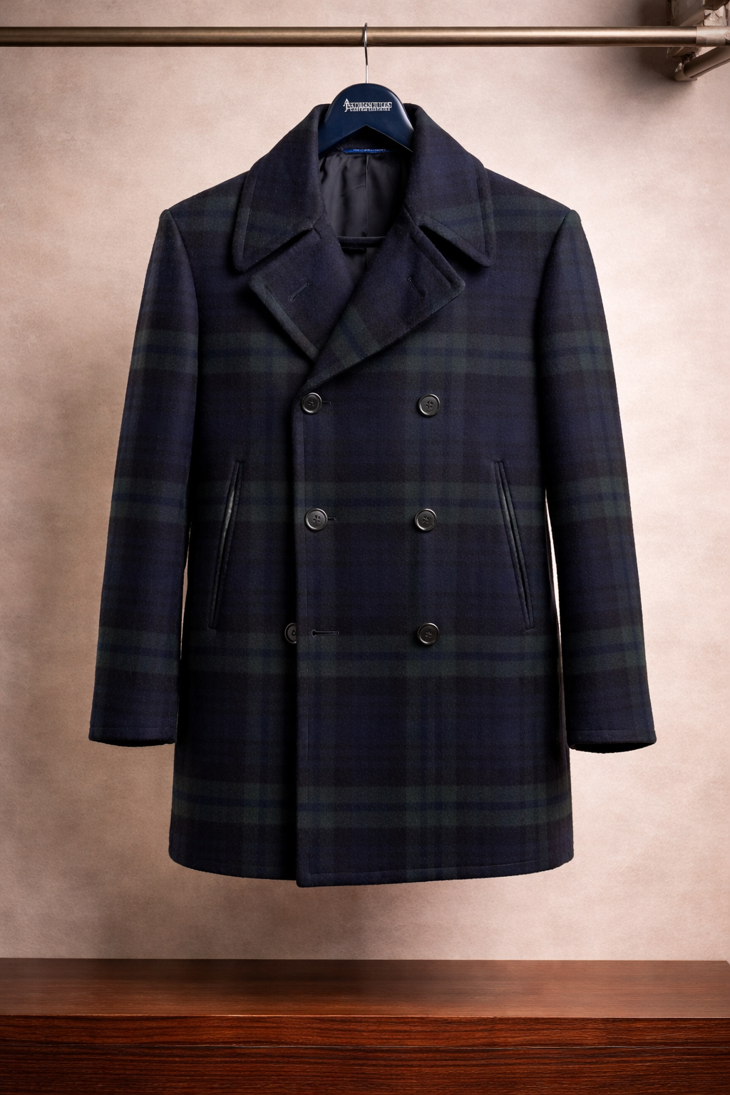 Navy Green Windowpane Peacoat