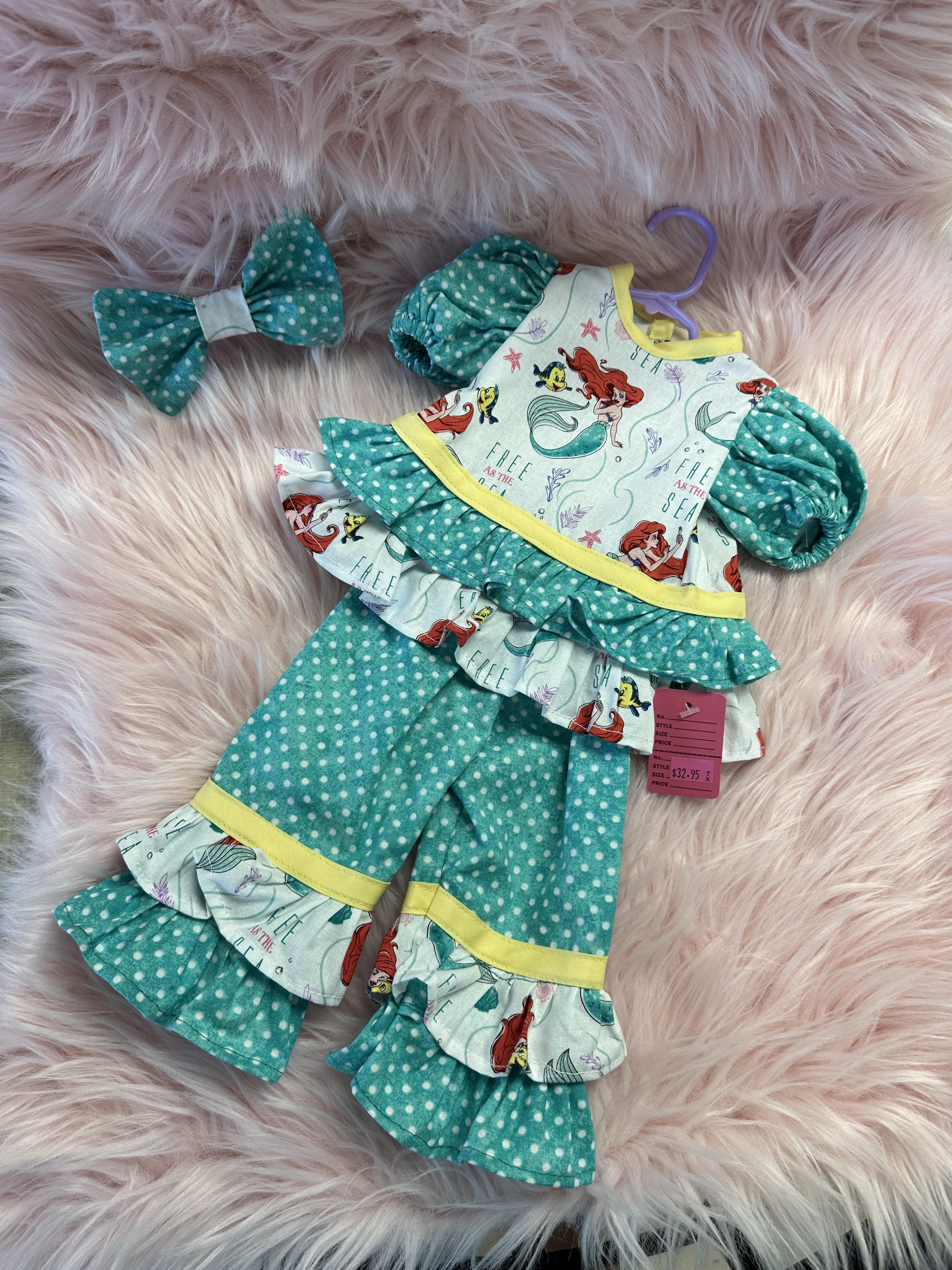 3 pc Free as the sea-ariel pant suit with Flounder and matching bow