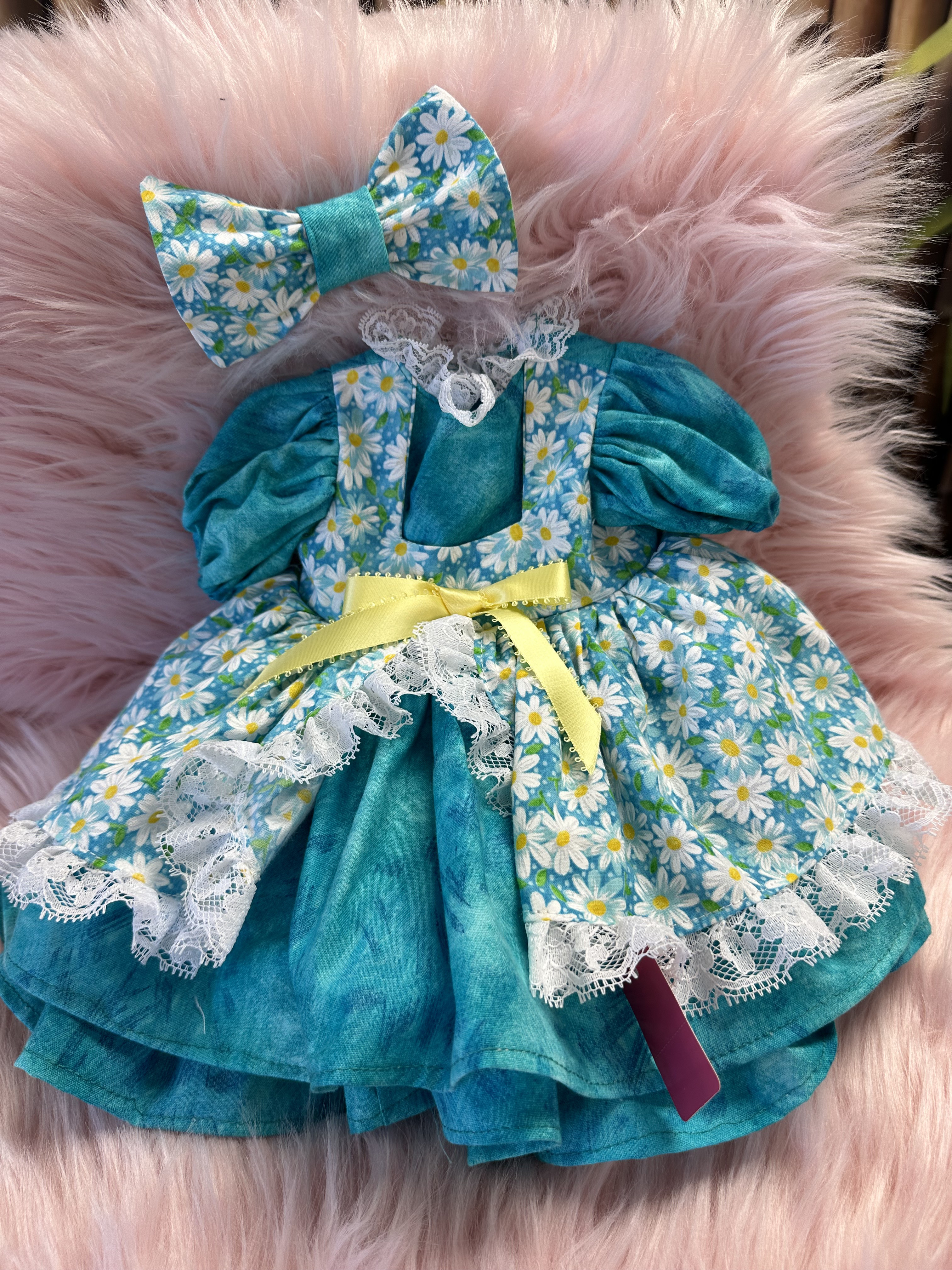 3 layer Turquoise with white daisies dress for doll and bow