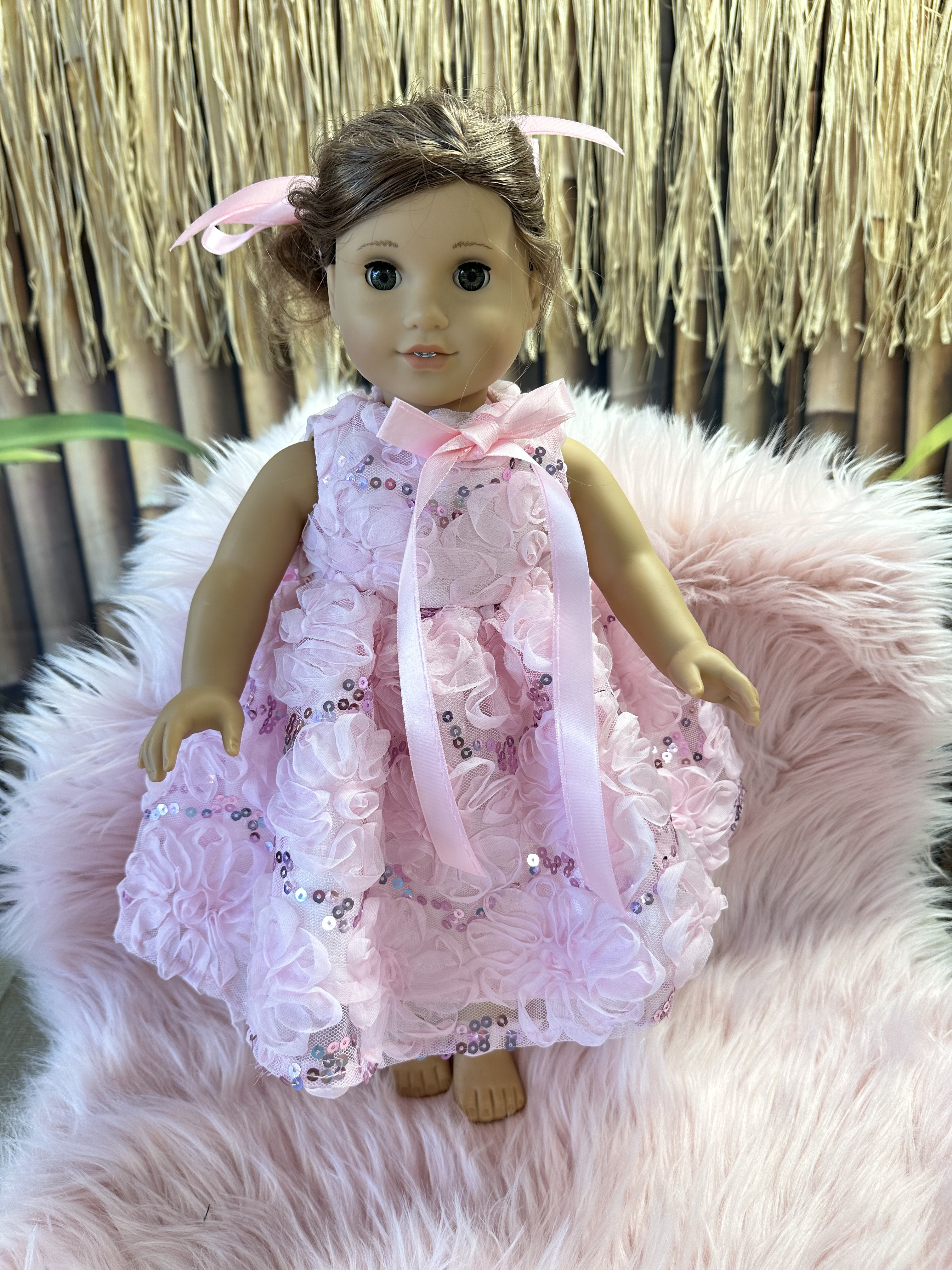Beautiful pink rosette sequin doll dress