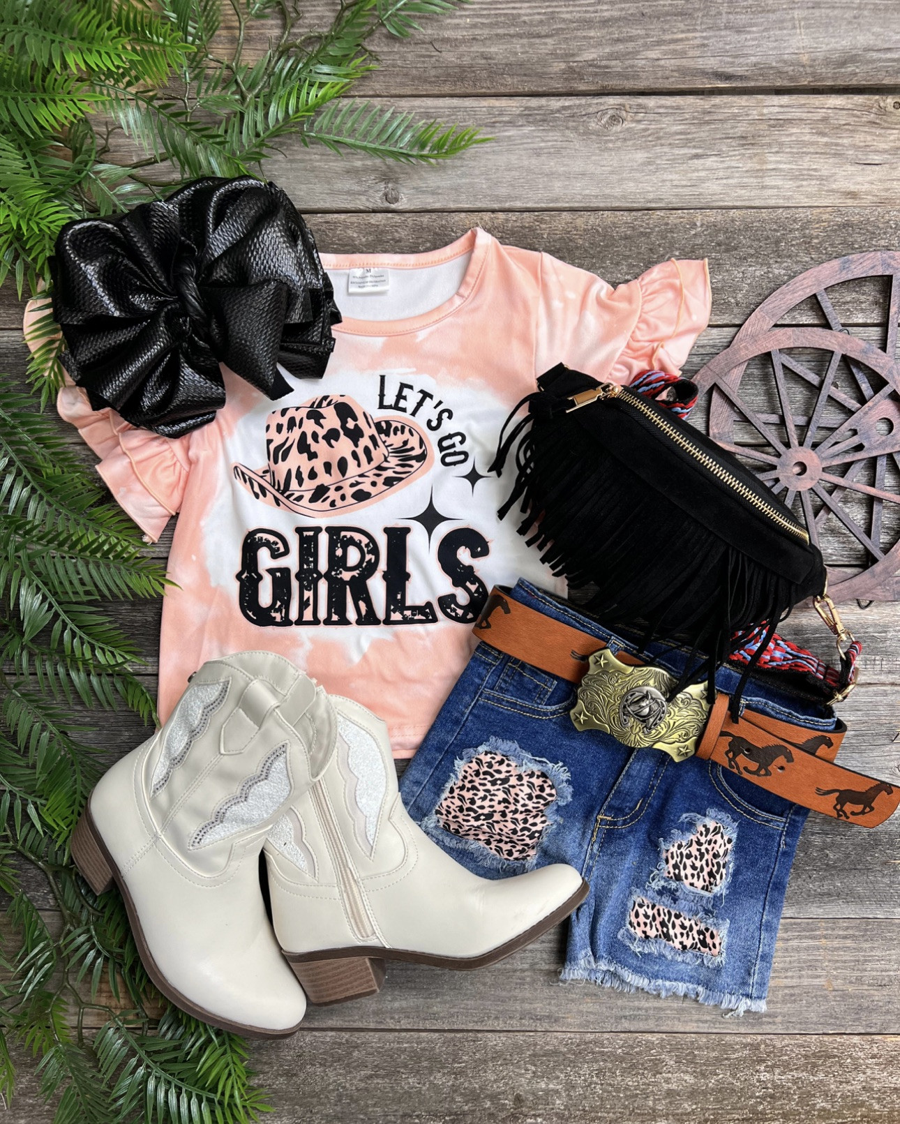 "Let's Go Girls" ruffle graphic top with denim shorts