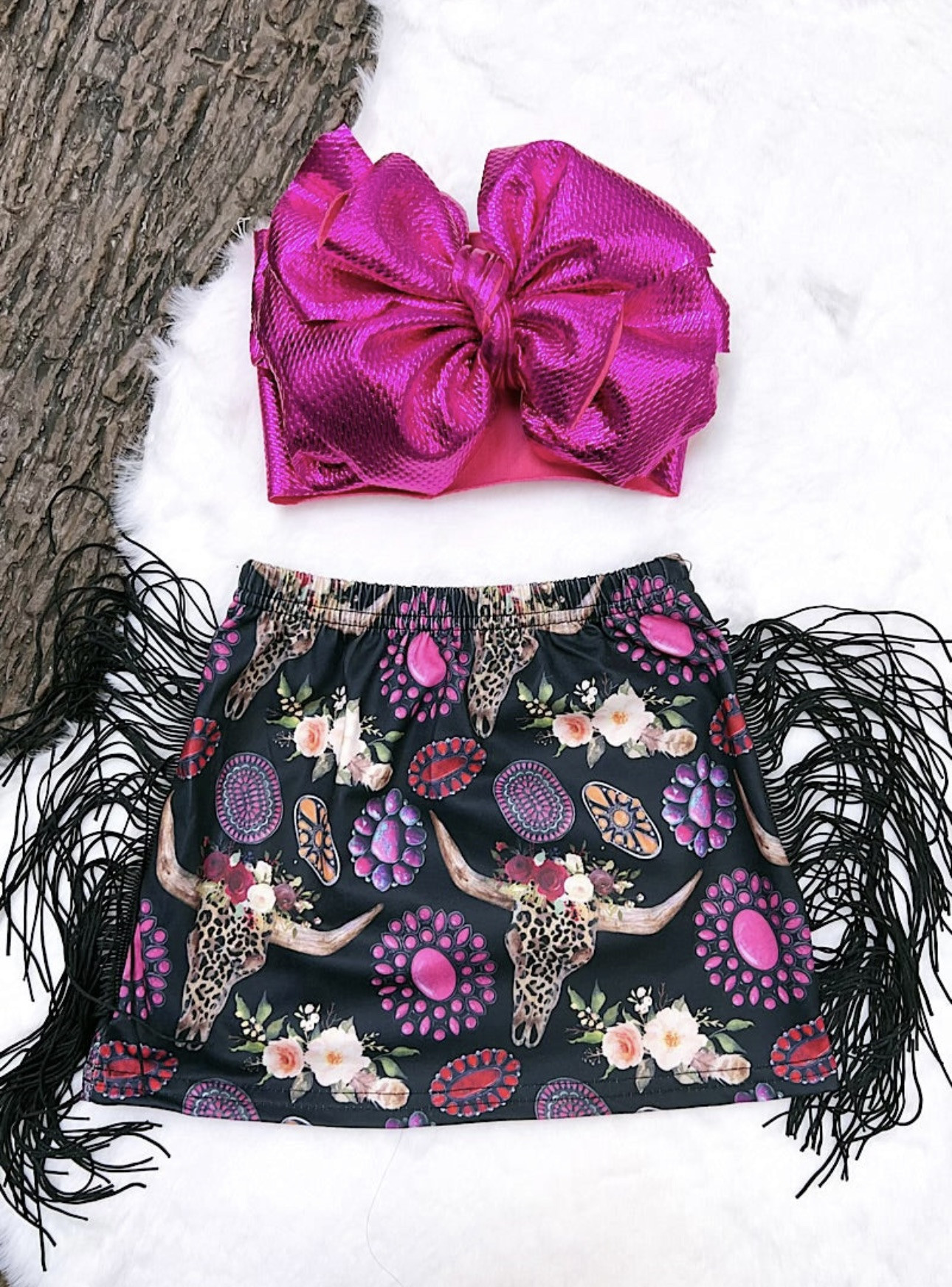 Black fringe skirt with fuchsia poncho print and cheetah cow skull