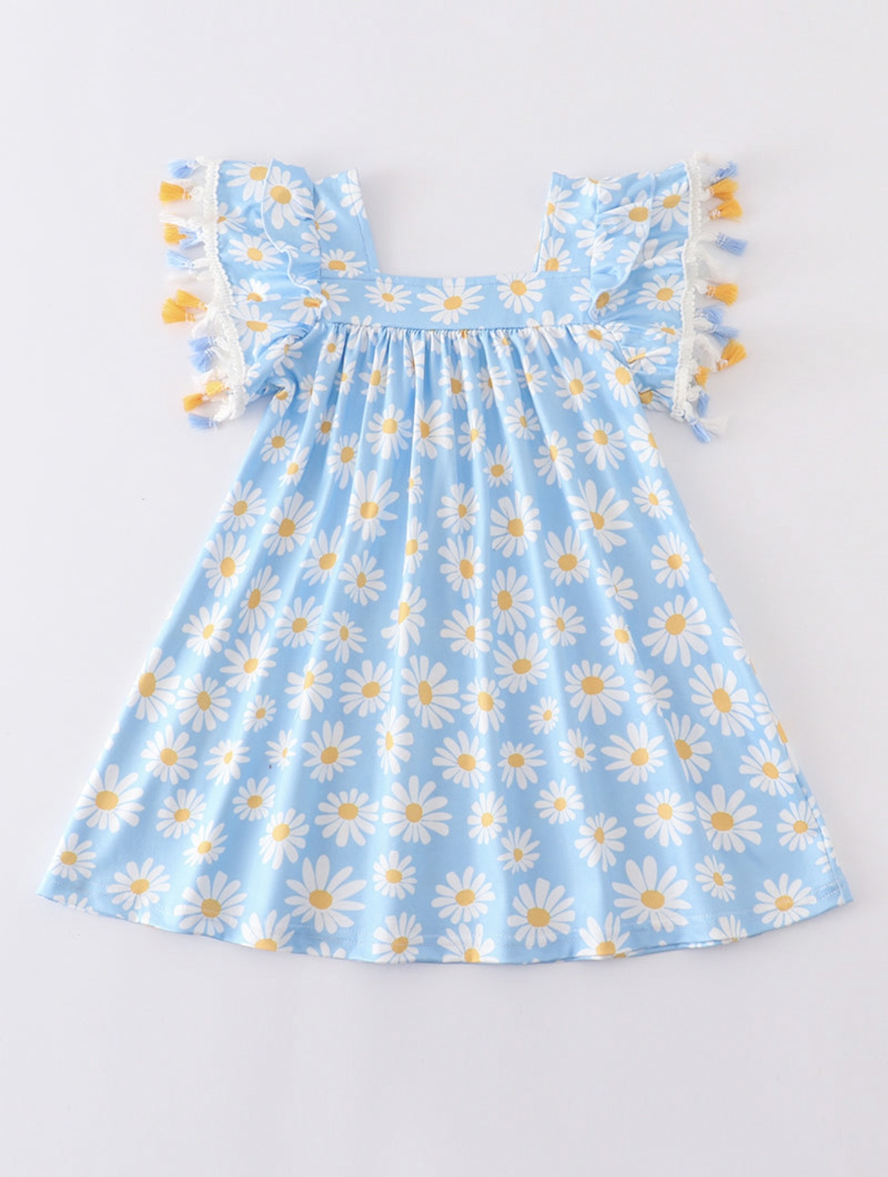 Light blue dress with daisies and tassels on the ruffle sleeves