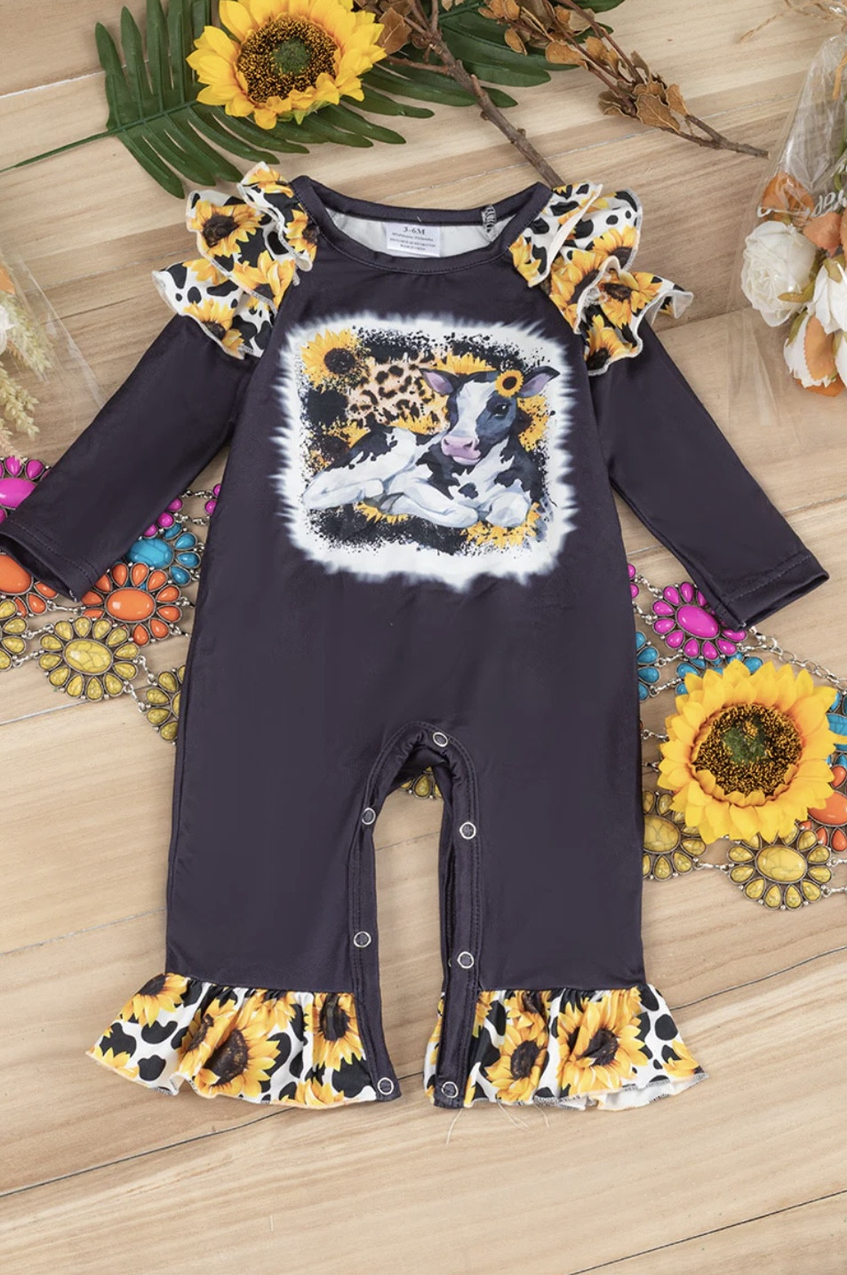 Cow & Sunflower printed infant. baby romper