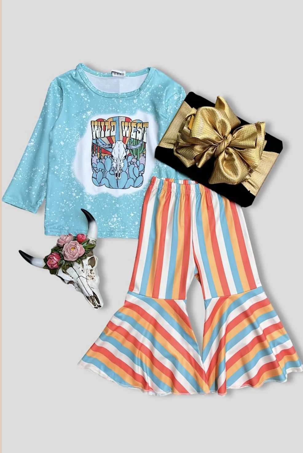 "Wild West". cow skull long sleeve top and stripe bells