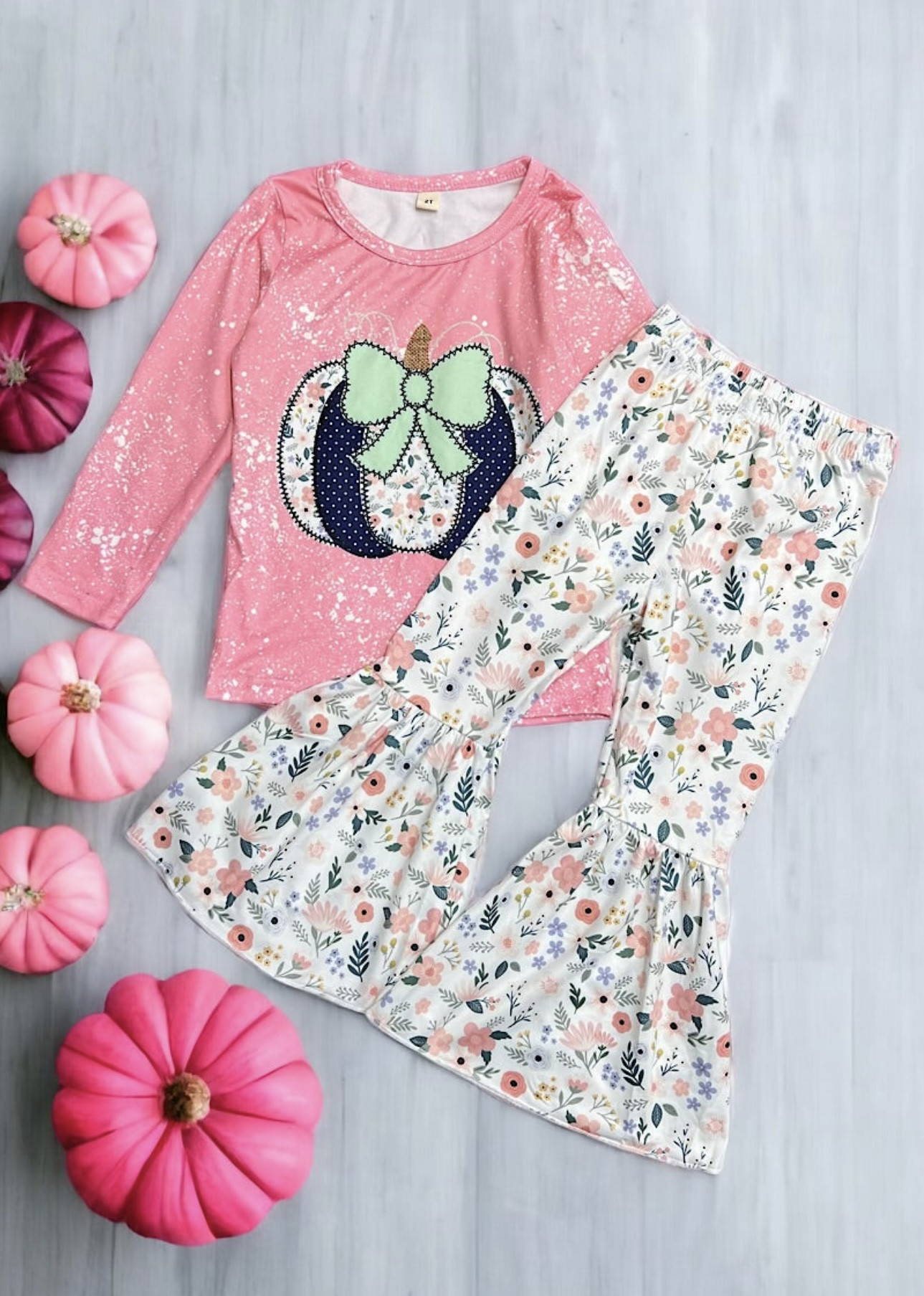 Pumpkin Printed long sleeve top and floral bell bottoms